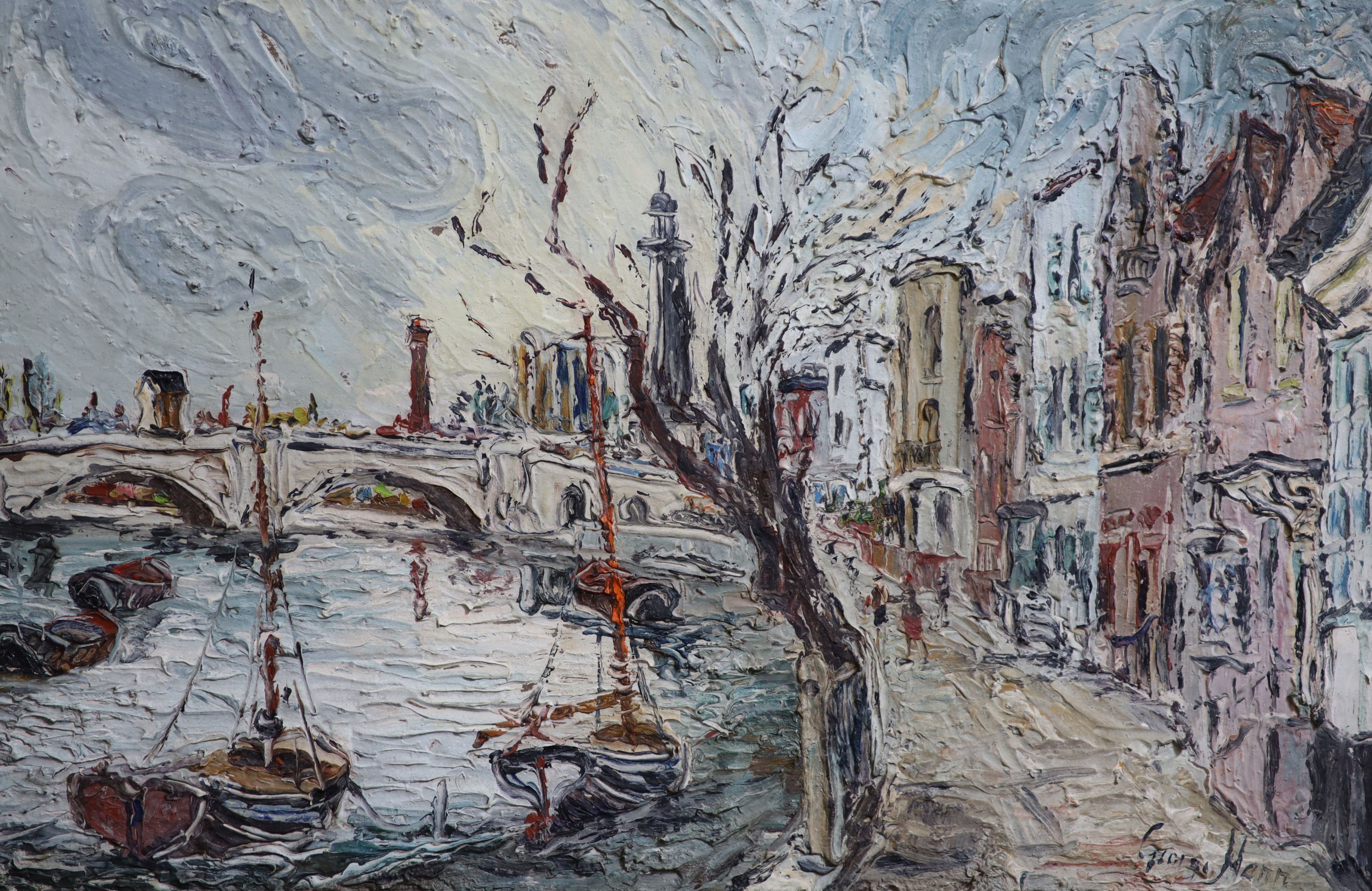 George Hann (1900-1979), View along The Seine, oil on board, 39 x 60cm